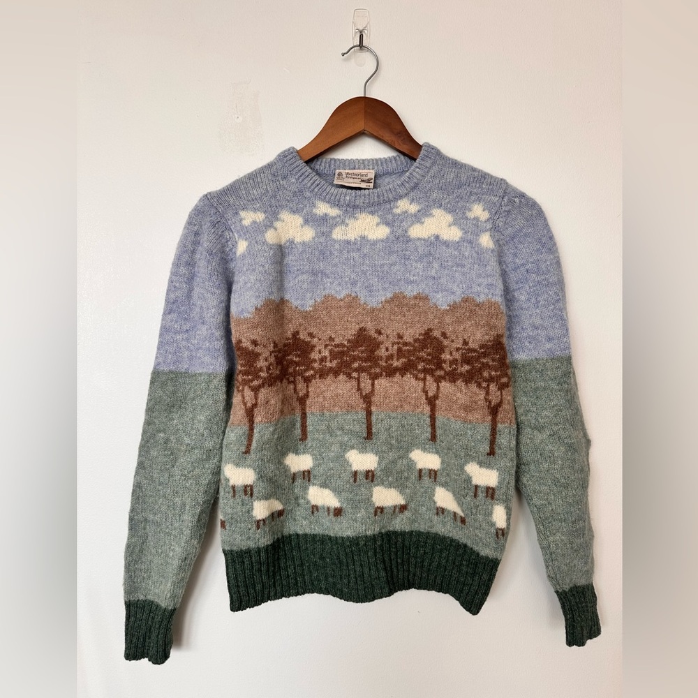 Westmorland Knitwear Hand-Framed Wool Sweater Sheep Scene Size 34 Cottagecore
